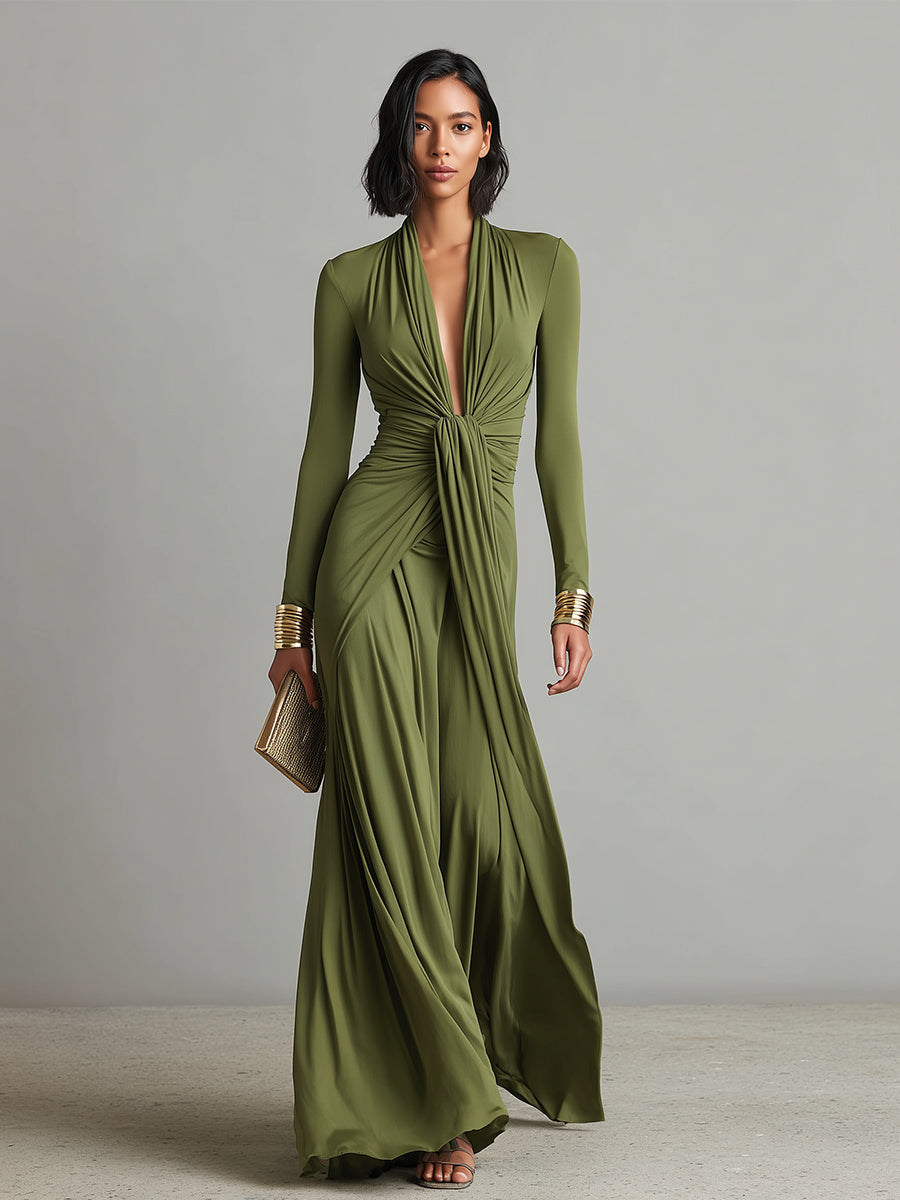Vittoria - Robe Maxi en Soie Olive avec Décolleté en V Profond