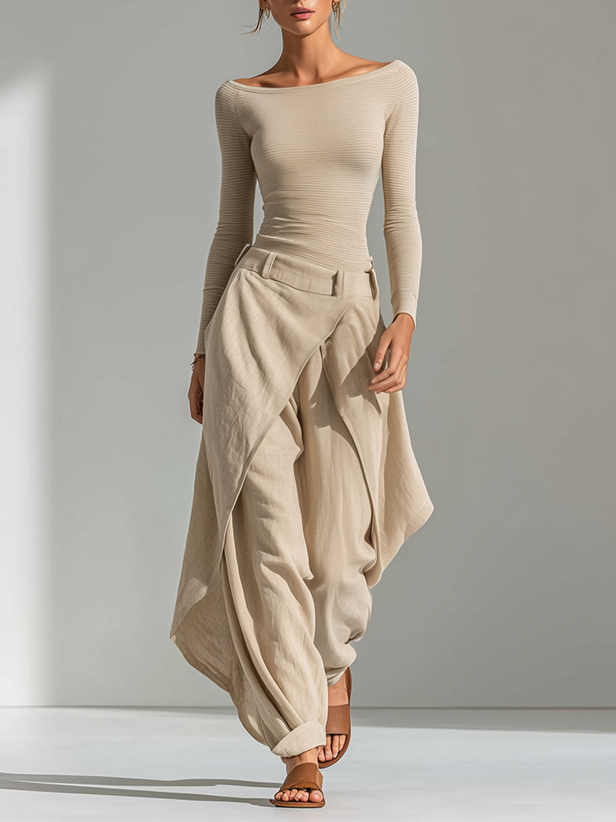Delphine | Ensemble Haut Beige Col Bateau et Pantalon Large à Volants