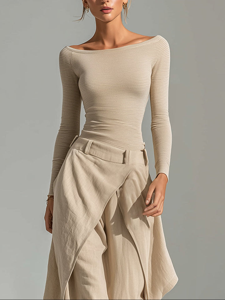Delphine | Ensemble Haut Beige Col Bateau et Pantalon Large à Volants