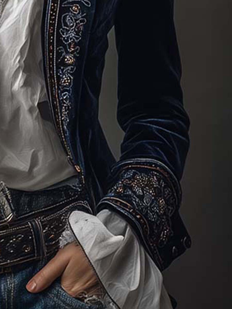 Marguerite | Veste longue brodée bleu marine