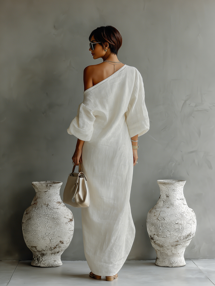Rebecca - Robe fluide ivoire à épaule découverte en mélange de lin