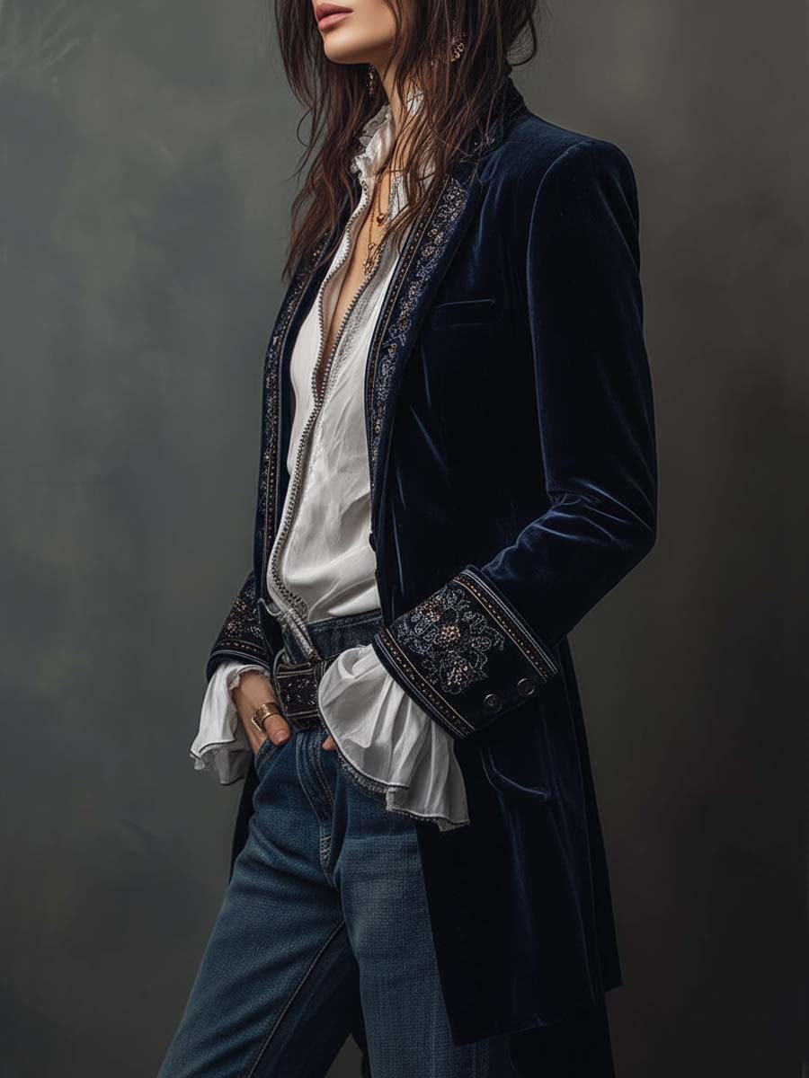 Marguerite | Veste longue brodée bleu marine