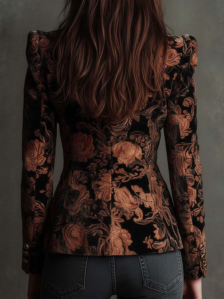 Arabella | Blazer ajusté noir et bronze à motif floral