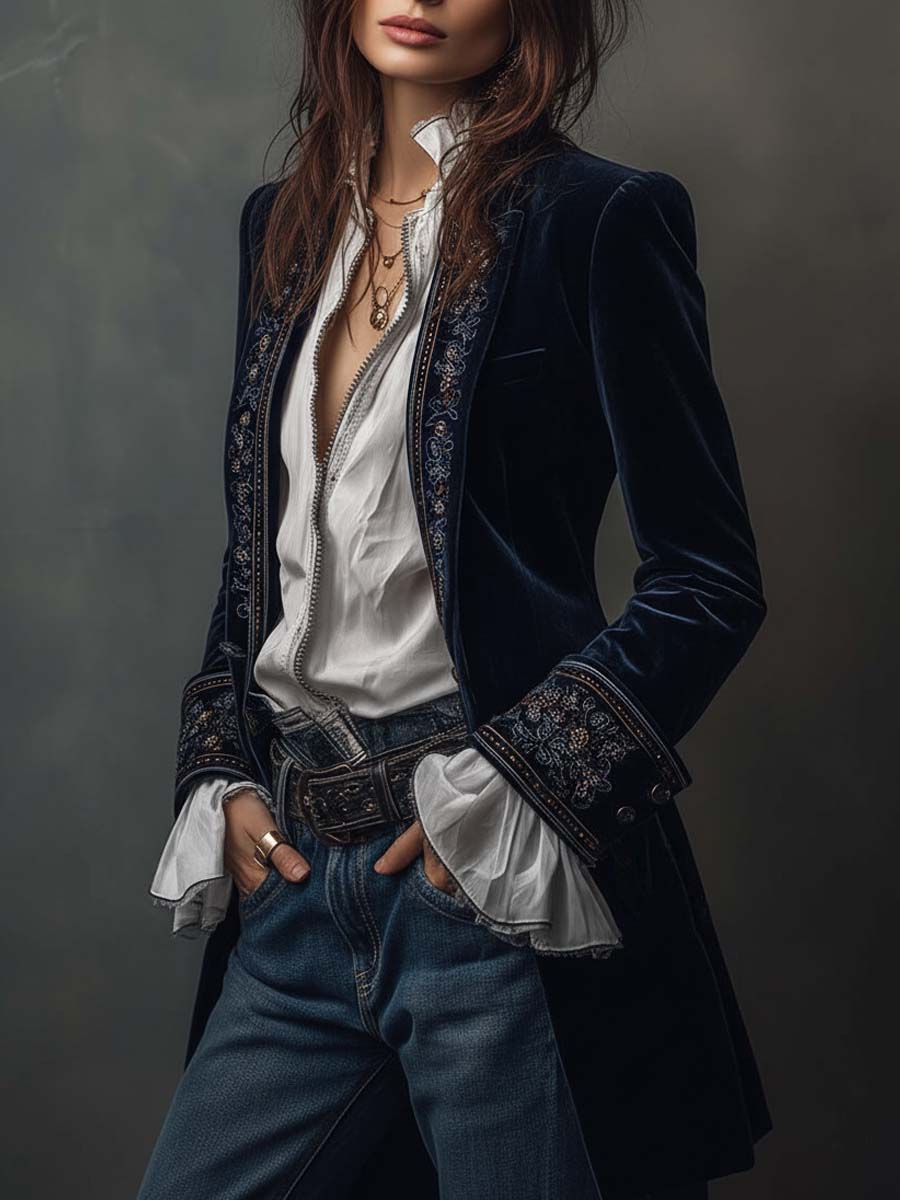 Marguerite | Veste longue brodée bleu marine