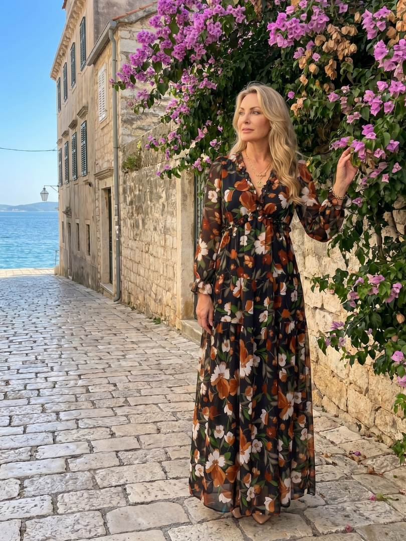 Auvelle | Robe Maxi à Manches Longues Imprimée Florale