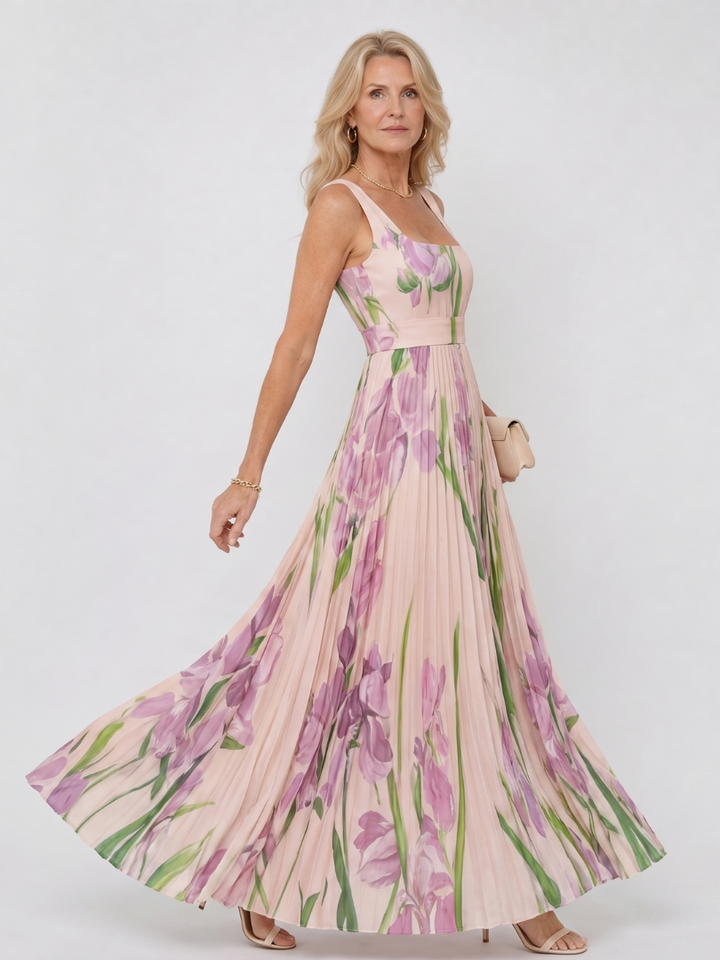Auvelle | Robe Midi Sans Manches à Encolure Carrée Plissée