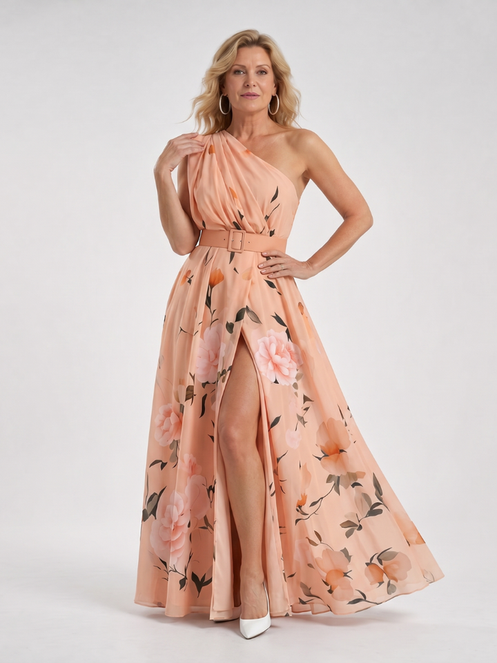 Auvelle | Robe Maxi Imprimée Florale à Une Épaule avec Ceinture