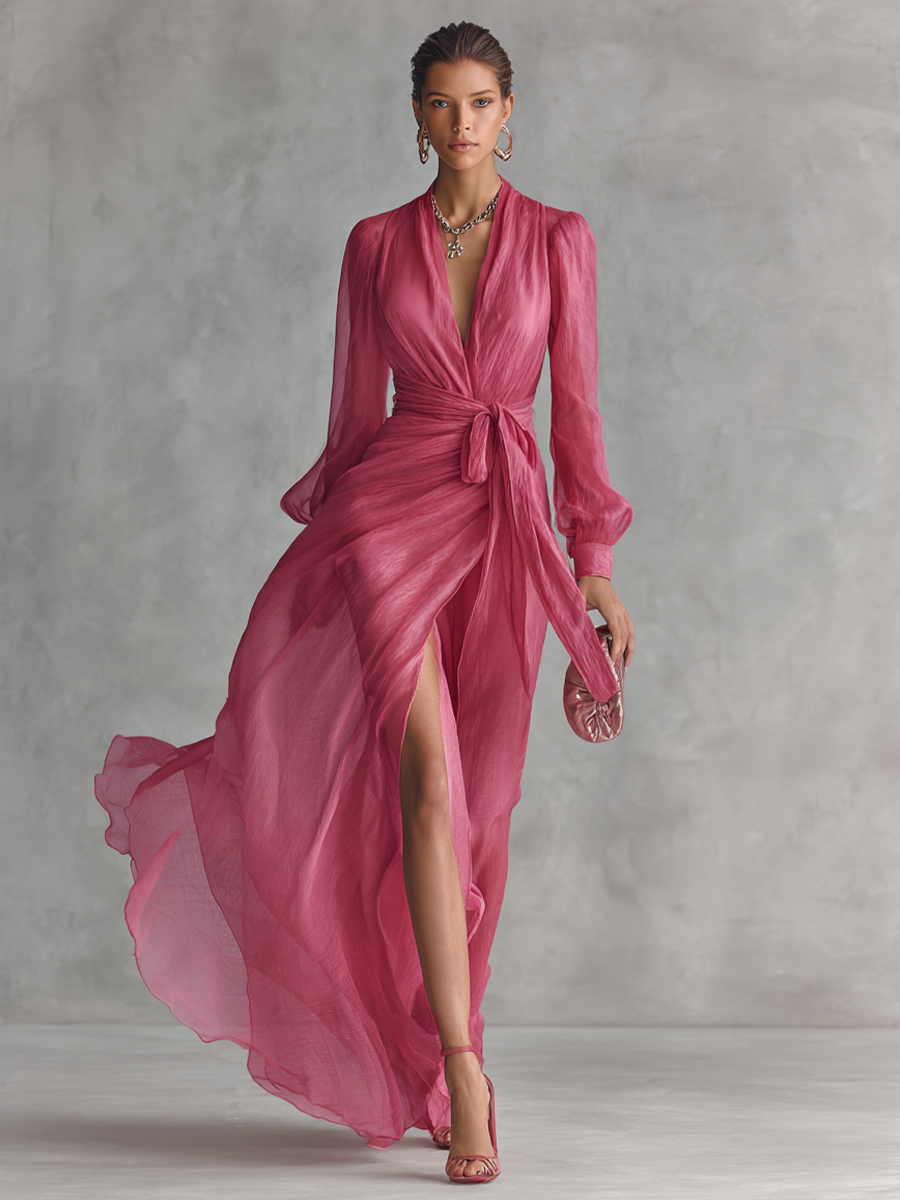 Noemi - Robe longue en chiffon avec des perles et décolleté en V