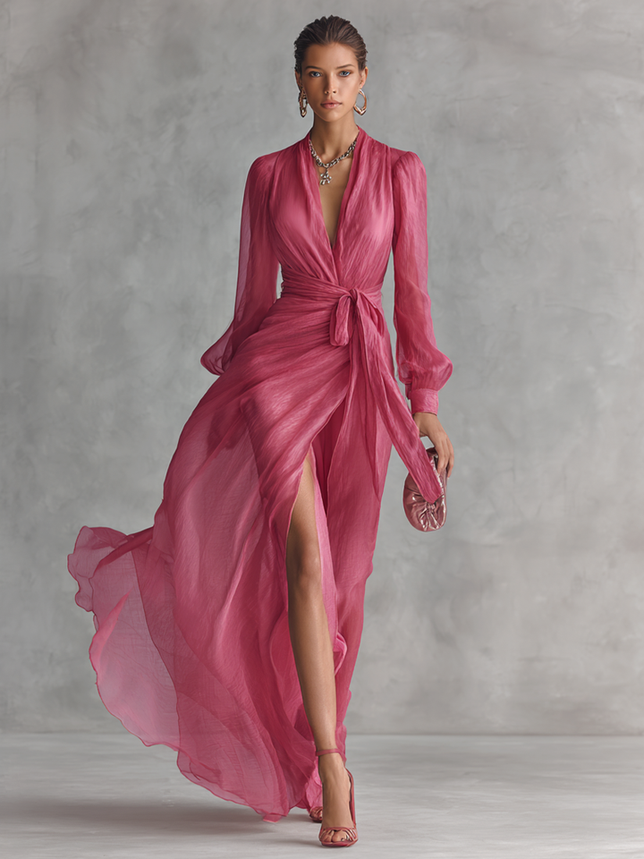 Noemi - Robe longue en chiffon avec des perles et décolleté en V