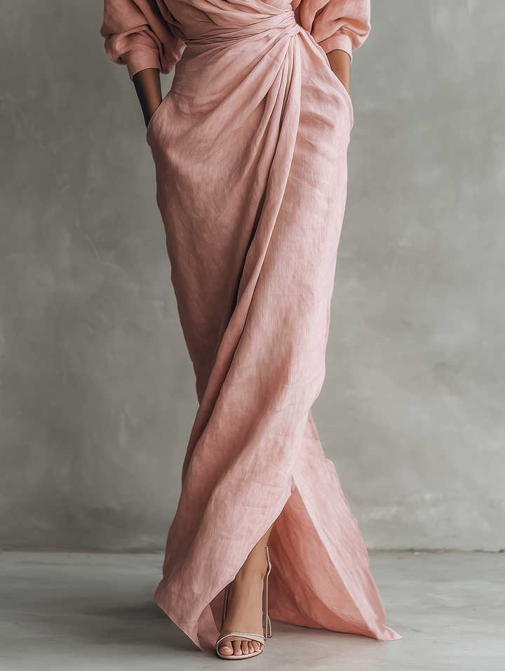 Eleonora - Robe Maxi en lin rose avec col en V