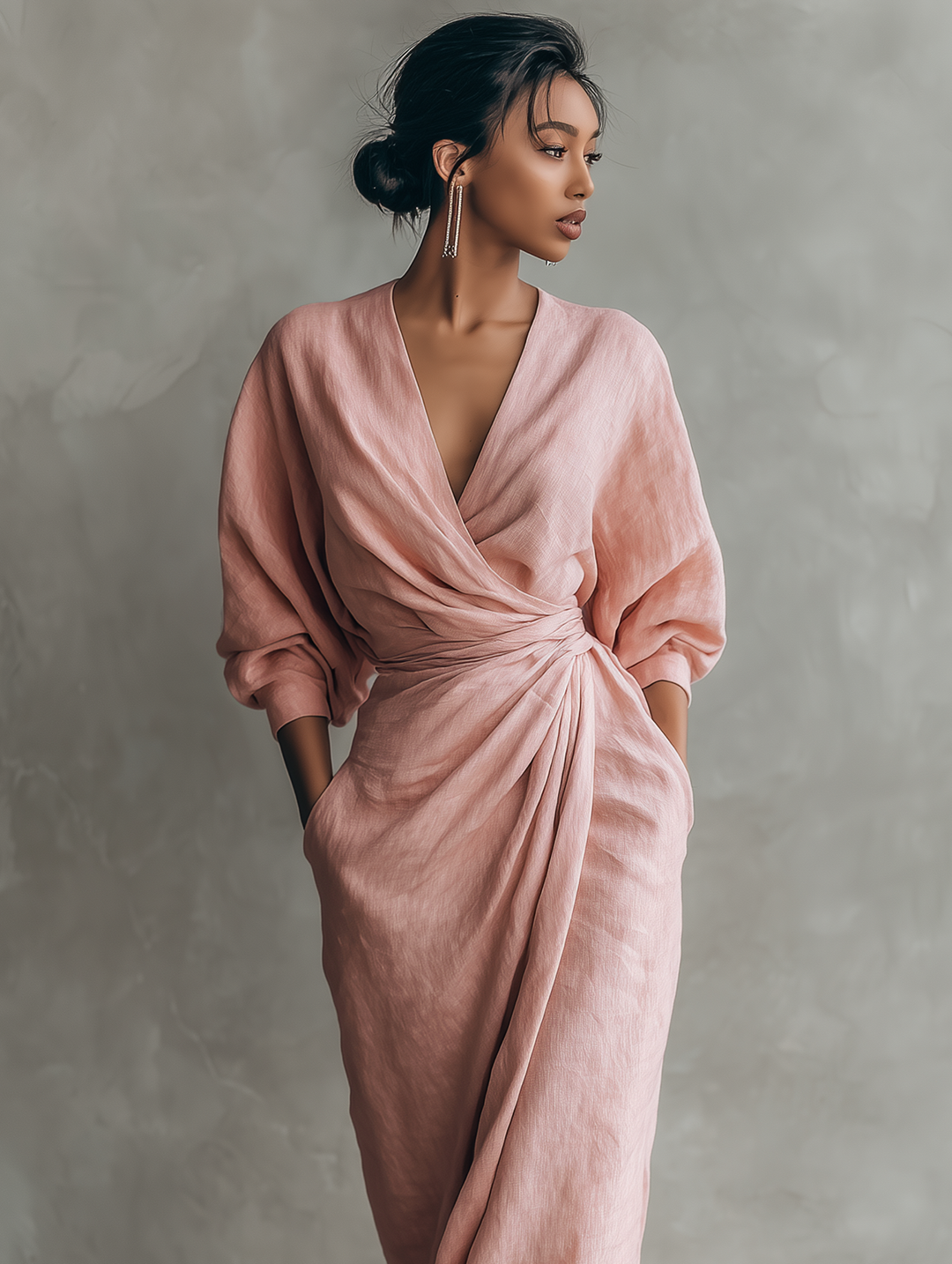 Eleonora - Robe Maxi en lin rose avec col en V