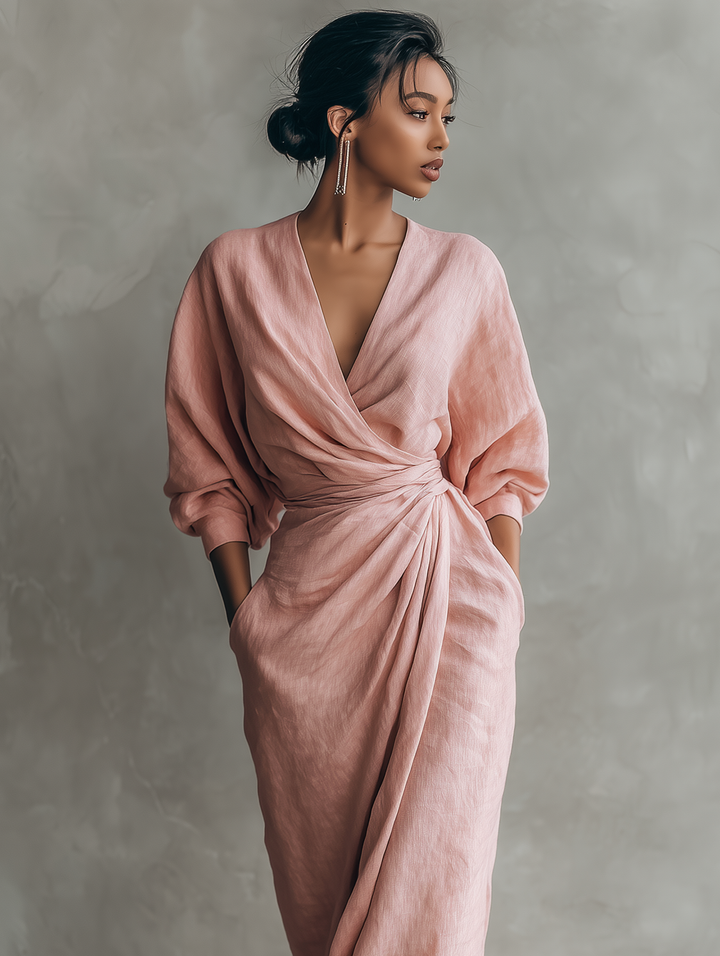 Eleonora - Robe Maxi en lin rose avec col en V