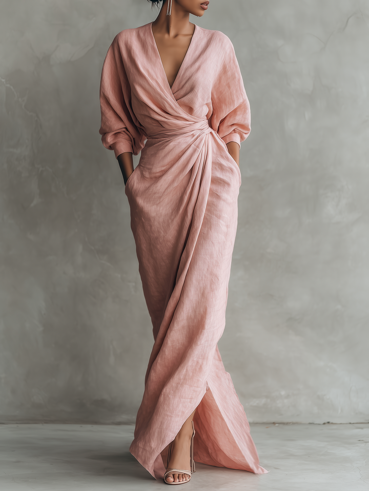 Eleonora - Robe Maxi en lin rose avec col en V