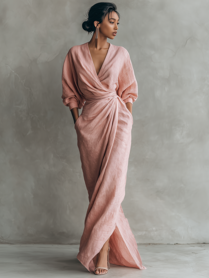 Eleonora - Robe Maxi en lin rose avec col en V