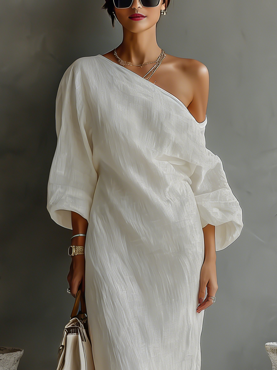 Rebecca - Robe fluide ivoire à épaule découverte en mélange de lin