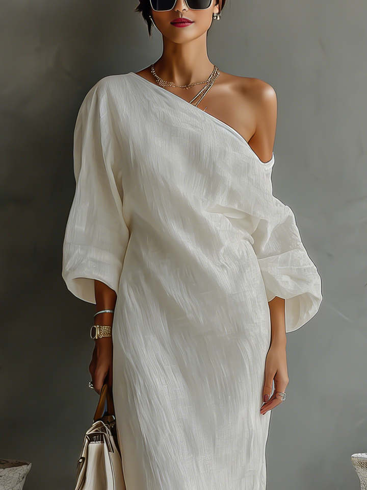 Rebecca - Robe fluide ivoire à épaule découverte en mélange de lin