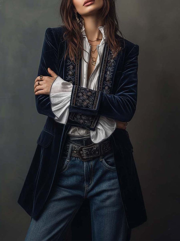 Marguerite | Veste longue brodée bleu marine
