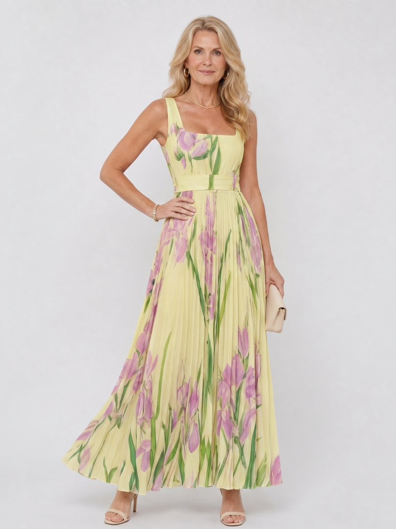 Auvelle | Robe Midi Sans Manches à Encolure Carrée Plissée