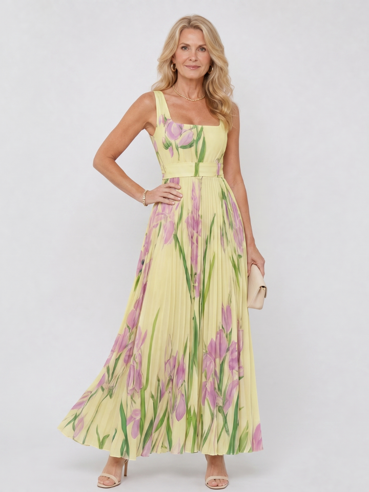 Auvelle | Robe Midi Sans Manches à Encolure Carrée Plissée