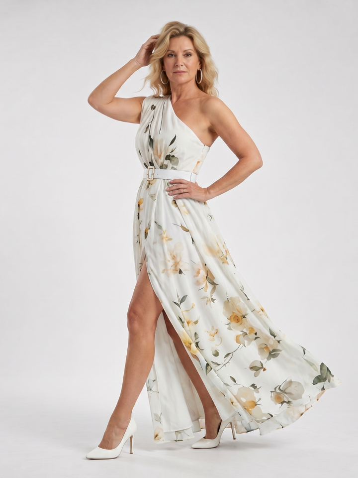 Auvelle | Robe Maxi Imprimée Florale à Une Épaule avec Ceinture