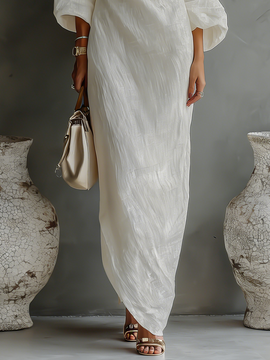 Rebecca - Robe fluide ivoire à épaule découverte en mélange de lin