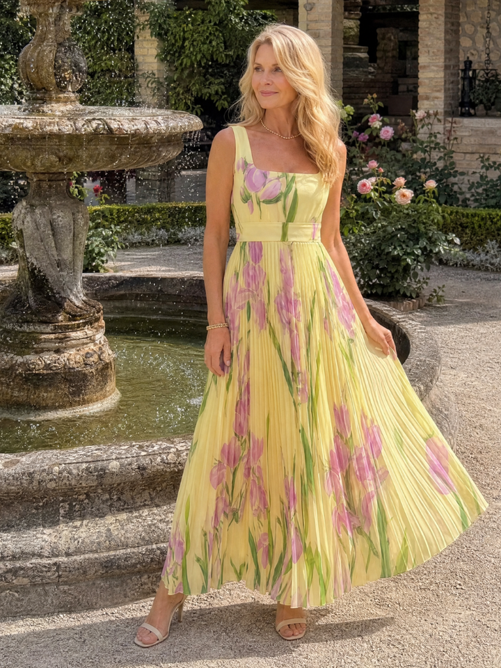 Auvelle | Robe Midi Sans Manches à Encolure Carrée Plissée