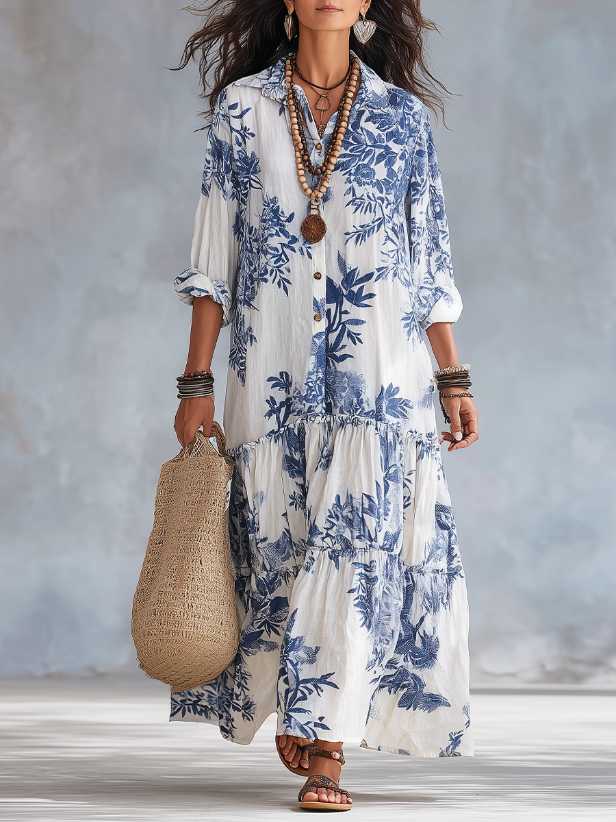 Dahlia™ | Robe maxi bohème à fleurs bleues à boutons sur le devant, à étages