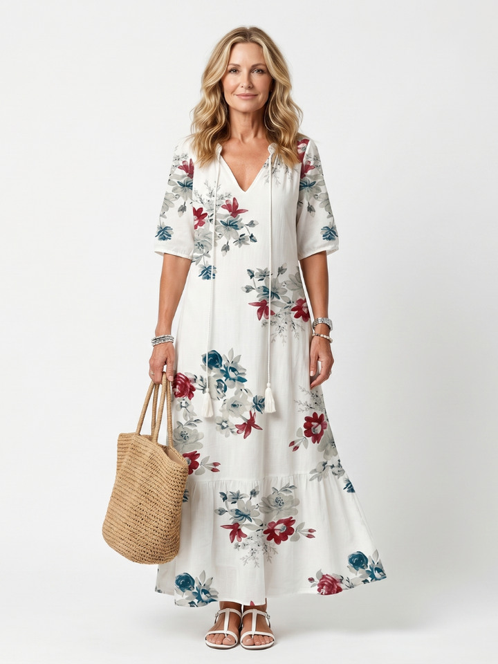 Maeva | Robe midi à motifs floraux épars et lien à pampilles