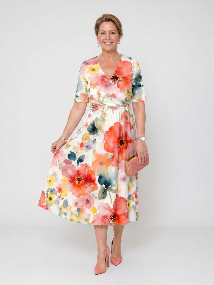 Auvelle | Robe Midi à Imprimé Floral à Manches Courtes et Décolleté en V