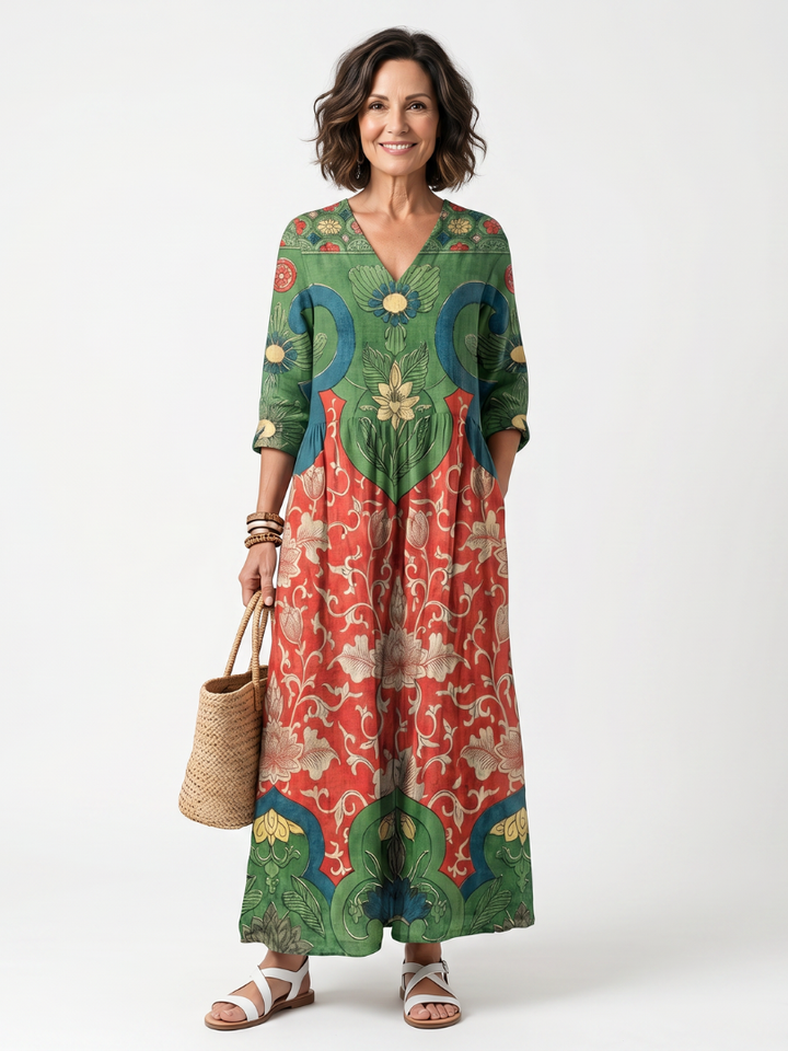 Sloane | Robe midi à imprimés variés, col en V et poches