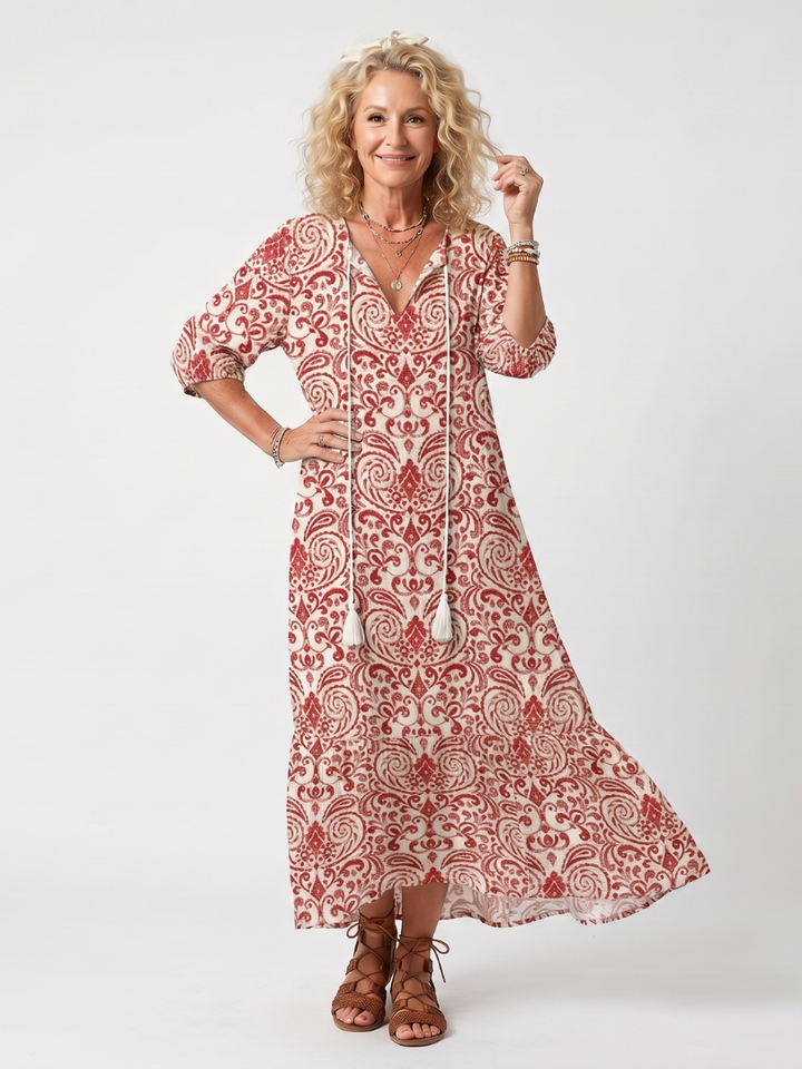 Noelle | Robe midi à imprimé orné et ceinture à pampilles