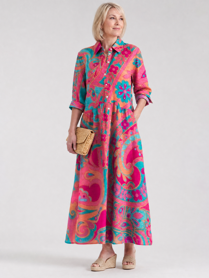 Auvelle | Robe midi à col avec boutons imprimée