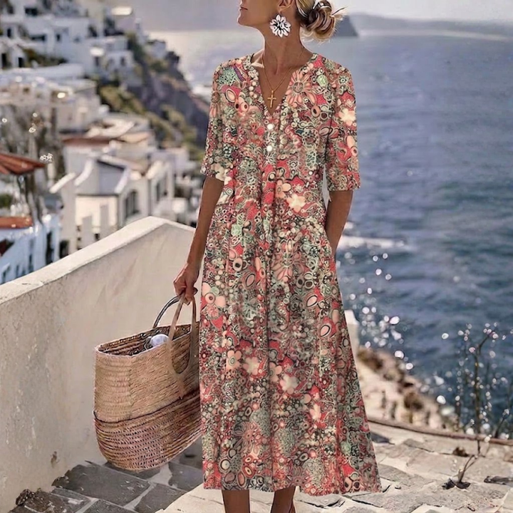 Janice™ | Robe midi d'été élégante avec panneau couvrant le ventre
