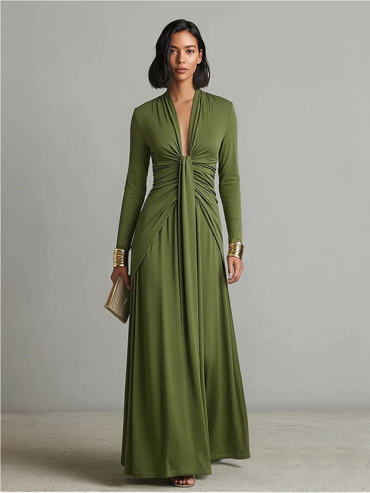 Vittoria - Robe Maxi en Soie Olive avec Décolleté en V Profond