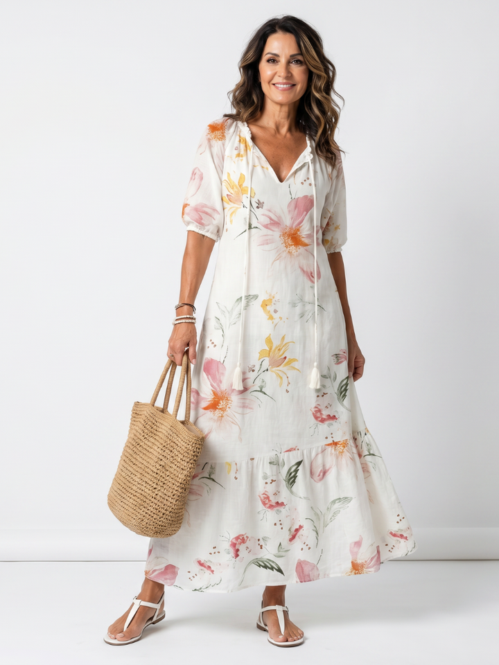 Noa | Robe midi à motifs floraux délicats et à franges en couches