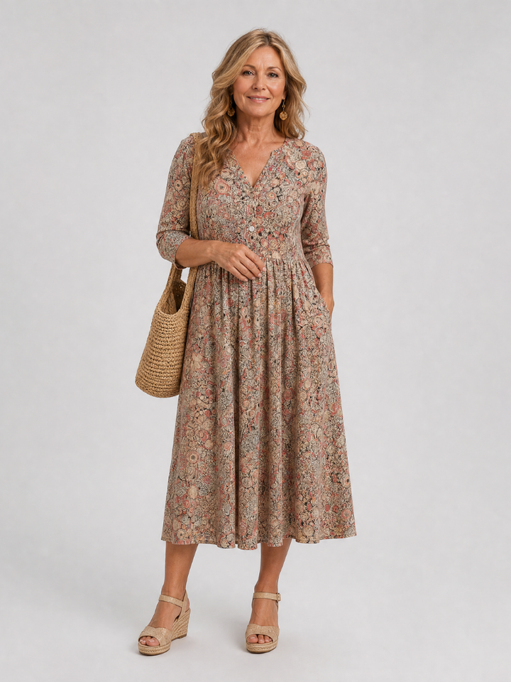 Auvelle | Robe Midi Vintage à Manches Trois Quarts