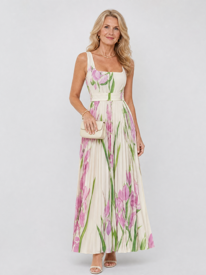 Auvelle | Robe Midi Sans Manches à Encolure Carrée Plissée