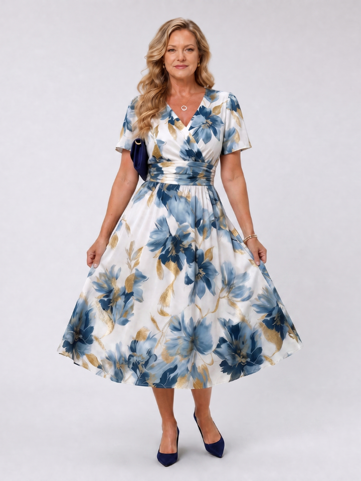 Auvelle | Robe Midi Enveloppe à Manches Courtes Imprimé Floral