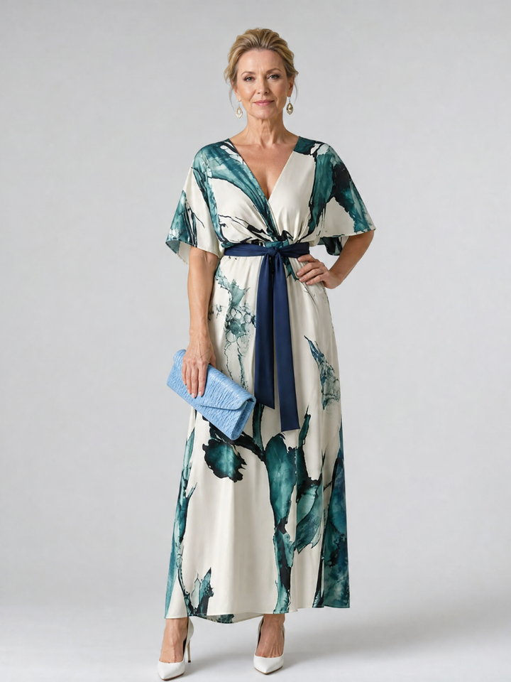 Auvelle | Robe Maxi à Manches Flutter et Ceinture Abstraite