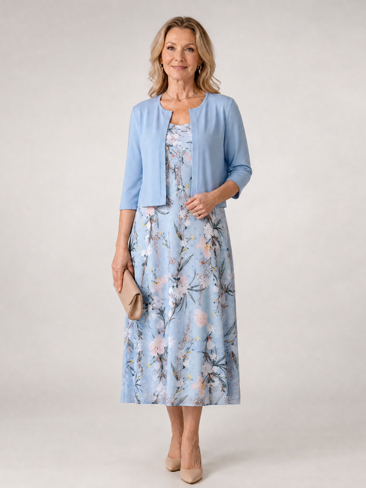 Auvelle | Robe midi sans manches à imprimé floral avec veste courte