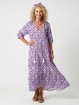 Penelope | Robe midi imprimée à nouage avec pompons