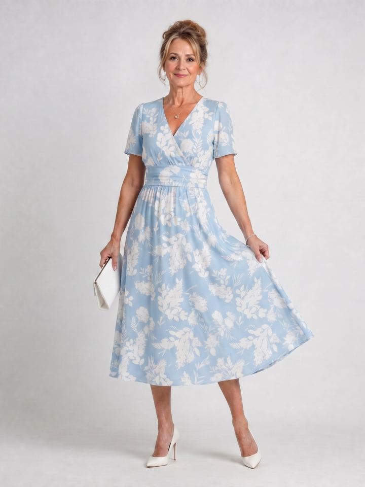 Auvelle | Robe Midi à Manches Courtes Imprimé Floral