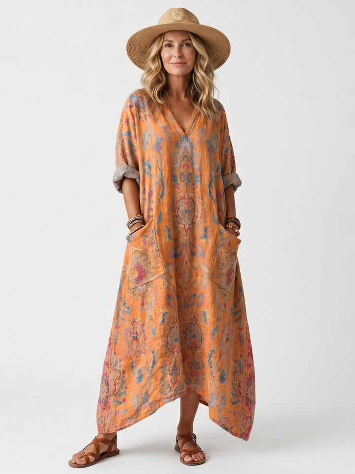 Remi | Robe midi imprimée oversize à poches et col en encoche