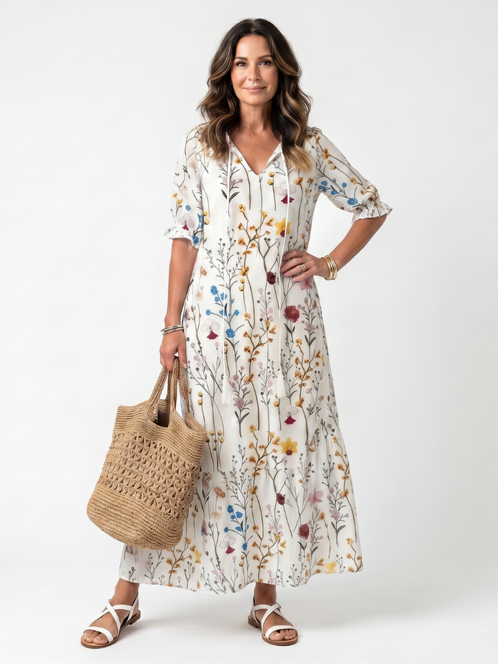 Sylvie | Robe midi à imprimé botanique avec cordon à pompons