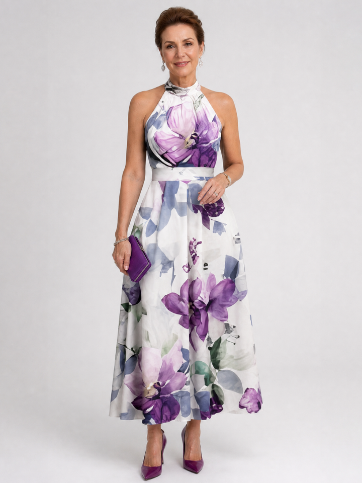 Auvelle | Robe Midi Fluide à Col Halter avec Fleurs Douces