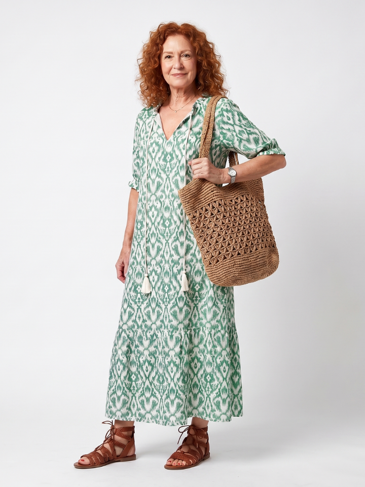 Ilara | Robe midi à motif, décolleté en V et pompons