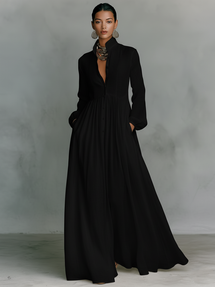 Marta - Robe maxi en lin avec détails patchwork et col montant