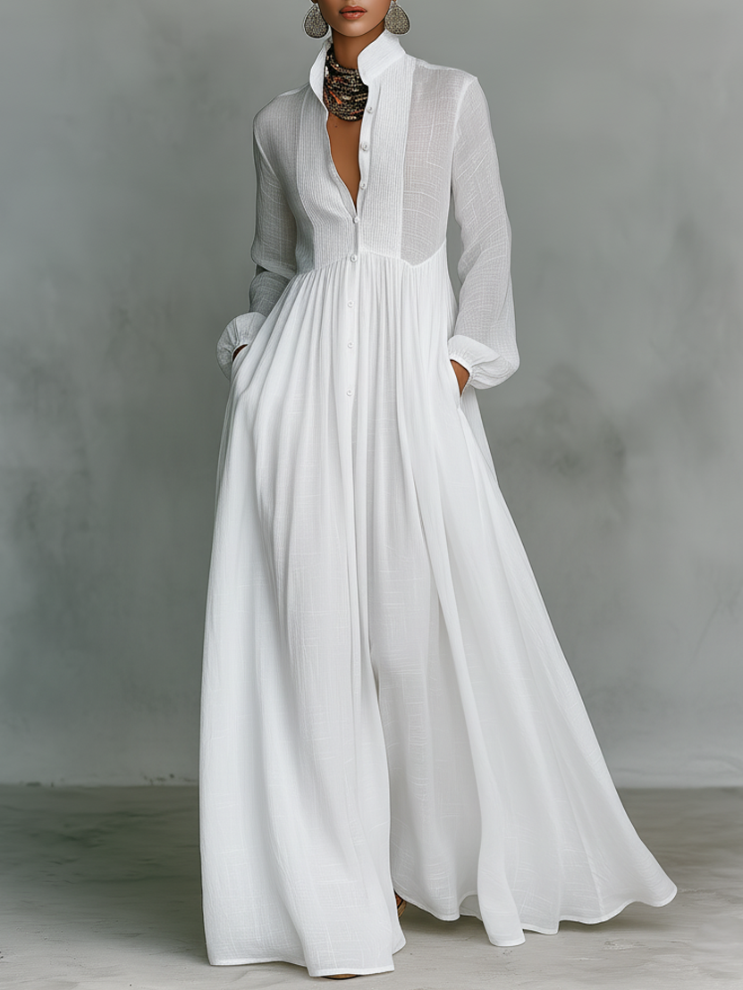 Marta - Robe maxi en lin avec détails patchwork et col montant