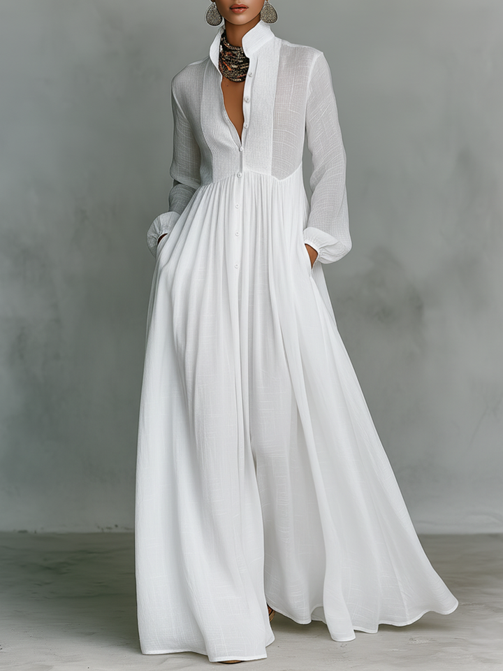 Marta - Robe maxi en lin avec détails patchwork et col montant