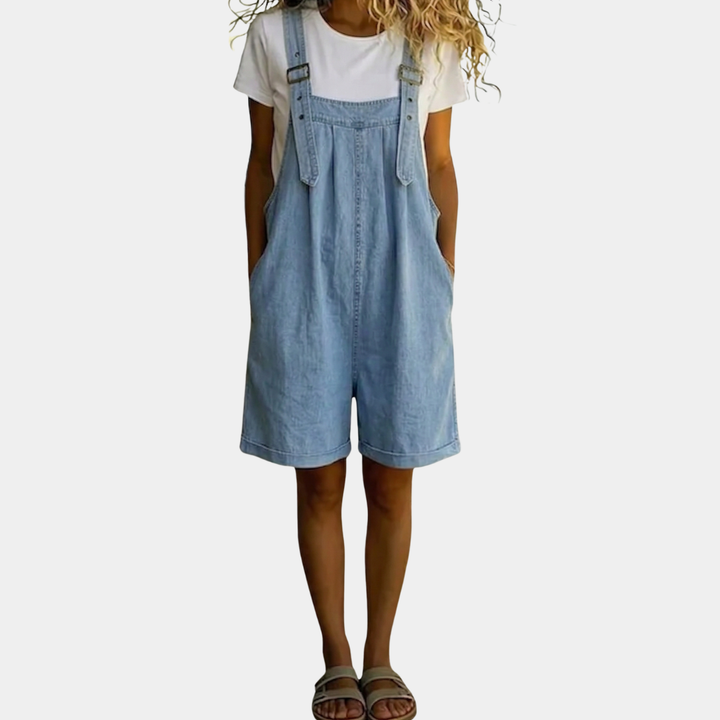 Clara | Salopette en denim de coton doux effet vintage lavé bleu clair